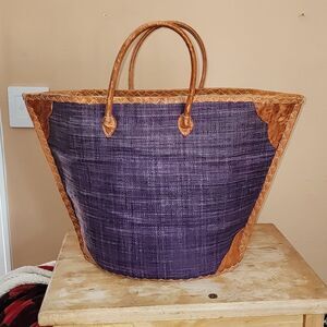 Naples Purple Handwoven Straw Tote Bag Leather Handles & Leather Stitching